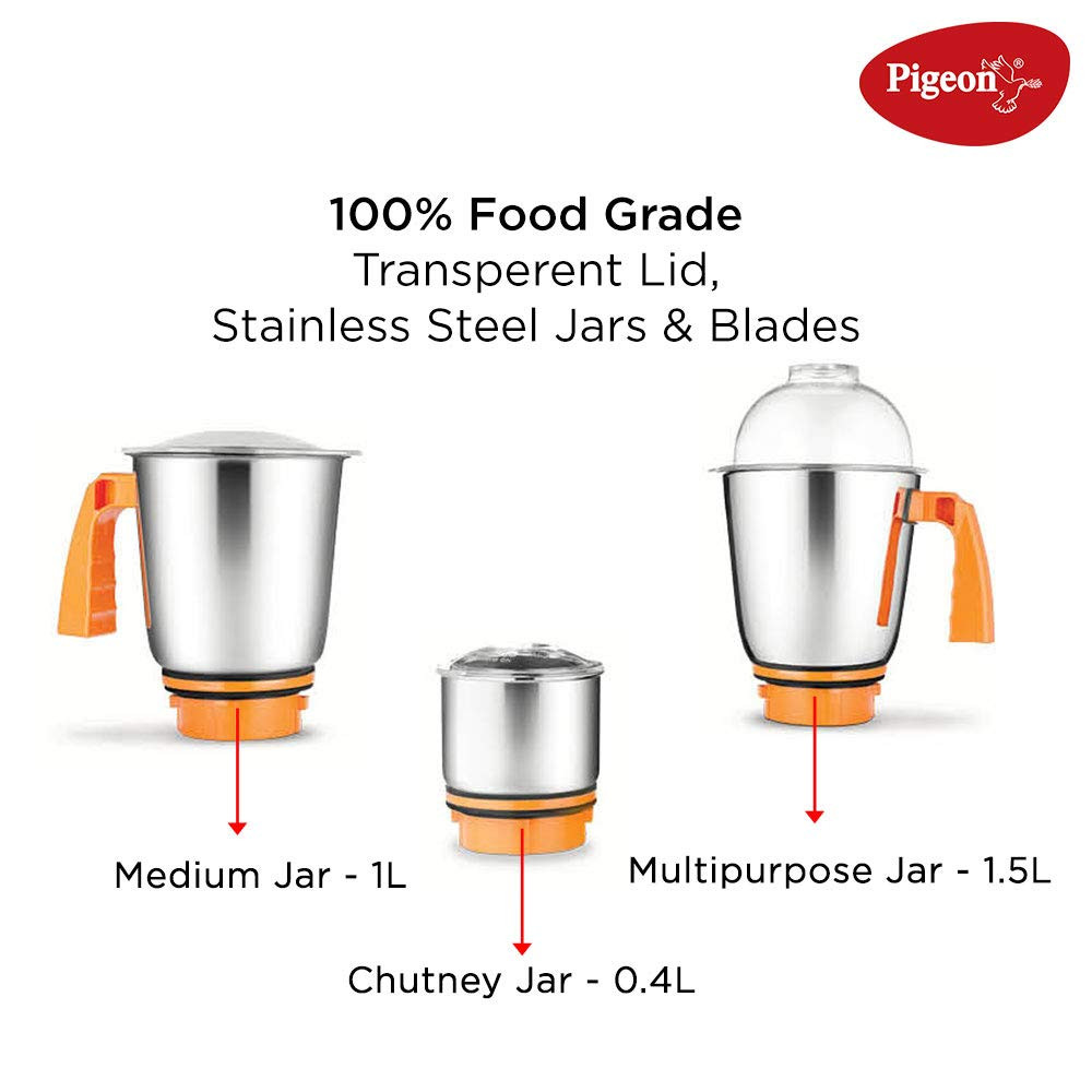 Pigeon by Stovekraft Egnite 750-Watt Mixer Grinder with 3 Stainless Steel Jars for dry grinding wet grinding and making chutney