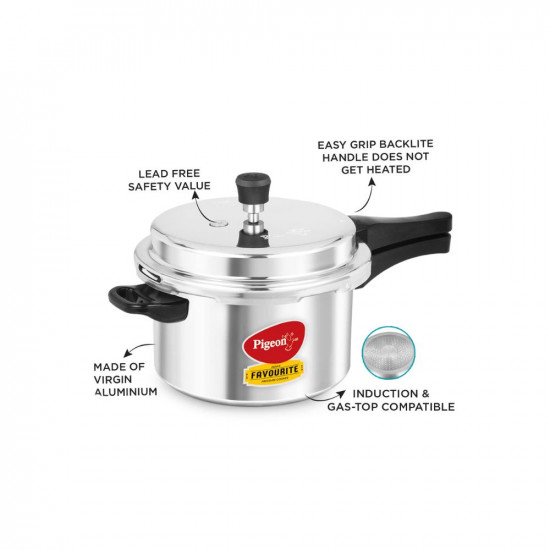 Pigeon By Stovekraft Favourite Aluminium Pressure Cooker with Outer Lid Induction and Gas Stove Compatible 5 Litre Capacity for Healthy Cooking Silver