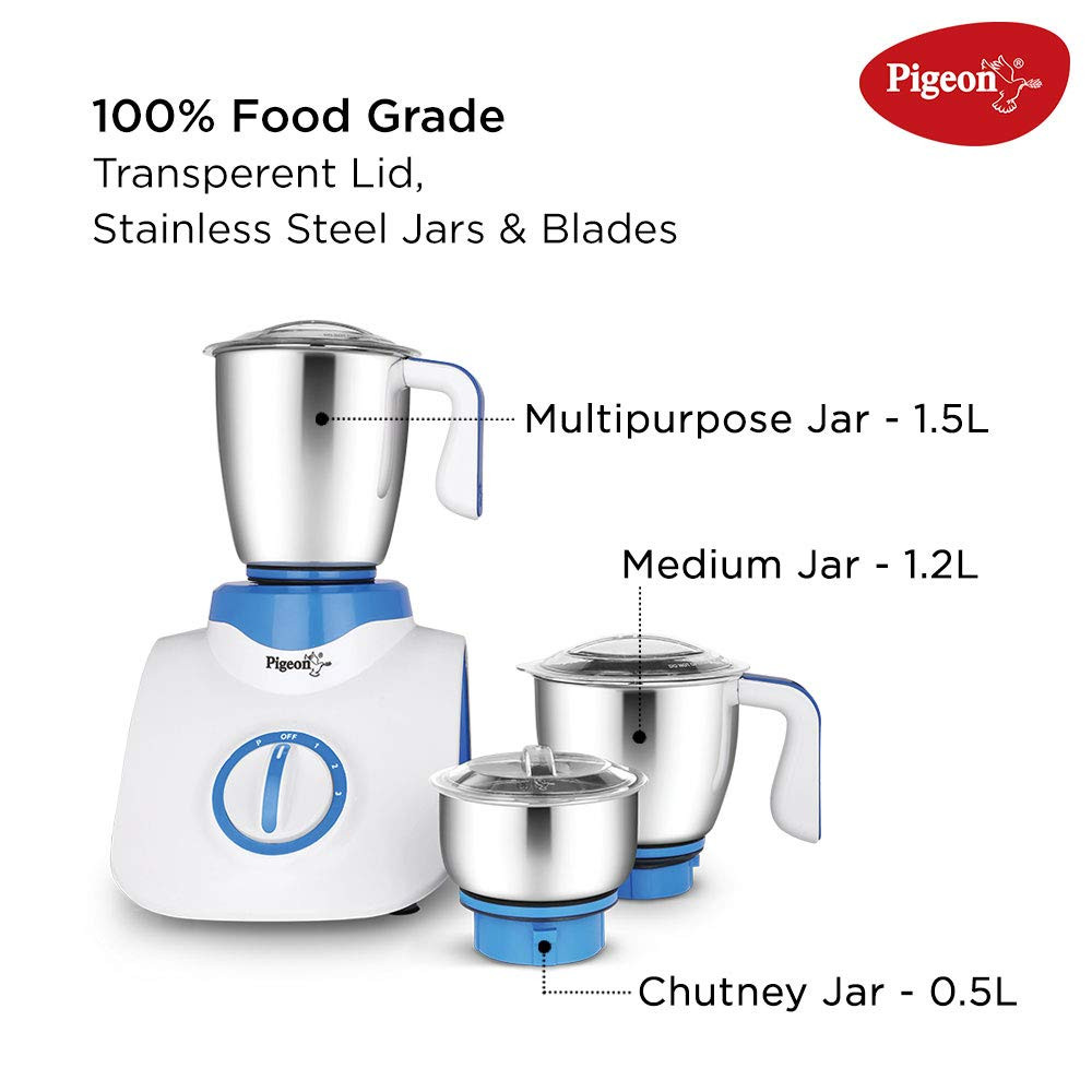 Pigeon by Stovekraft Super Storm 750 Watt Juicer Mixer Grinder with 4 Stainless Steel Jars for Juice Dry Grinding Wet Grinding and Making Chutney