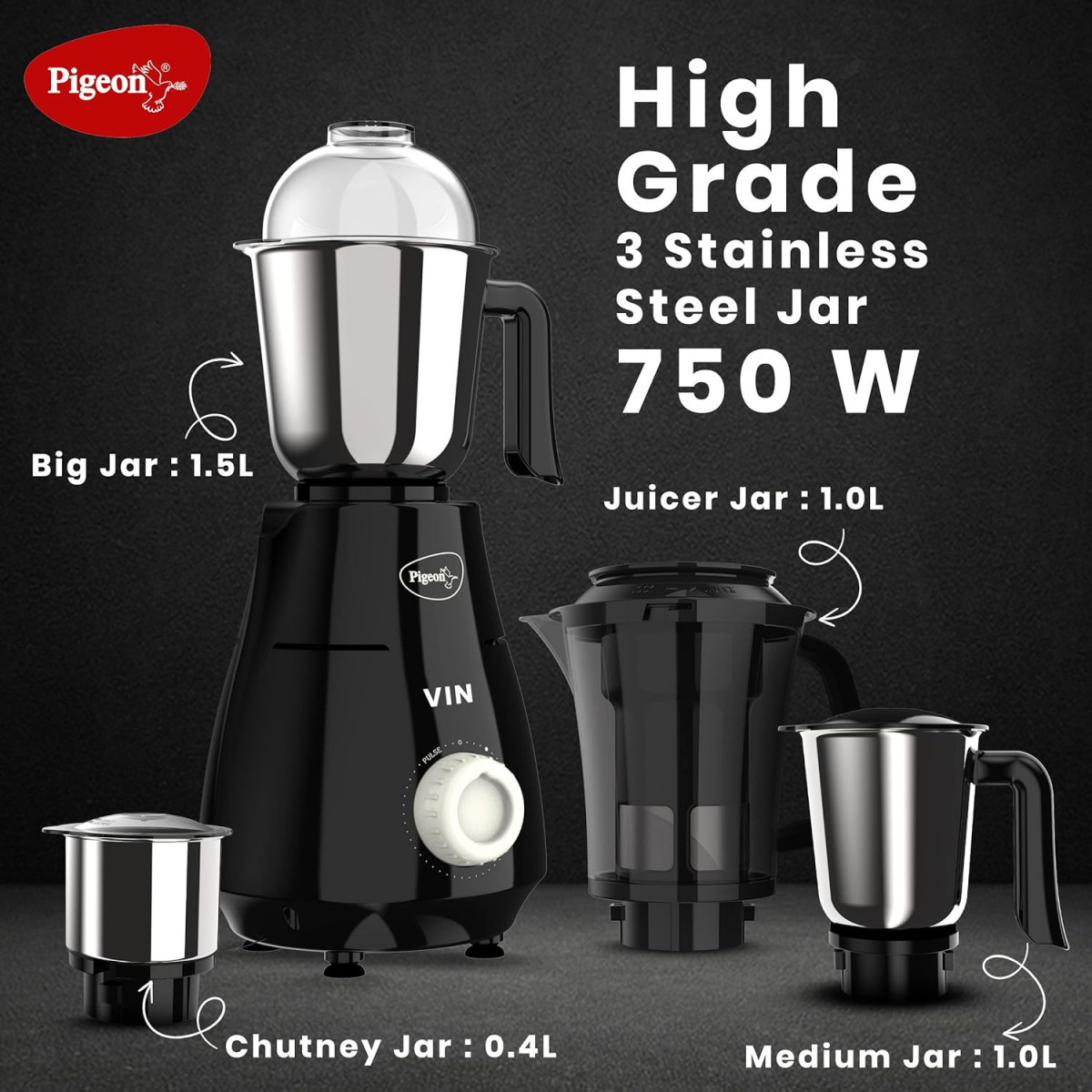 Pigeon by Stovekraft VIN Mixer Grinder Machine for Kitchen  750 Watts  4 MultiPurpose Jars for Juicing  Chutney Making  Dry Grinding  Wet Grinding  Mincing  Blender  Mixer  2 Year Warranty