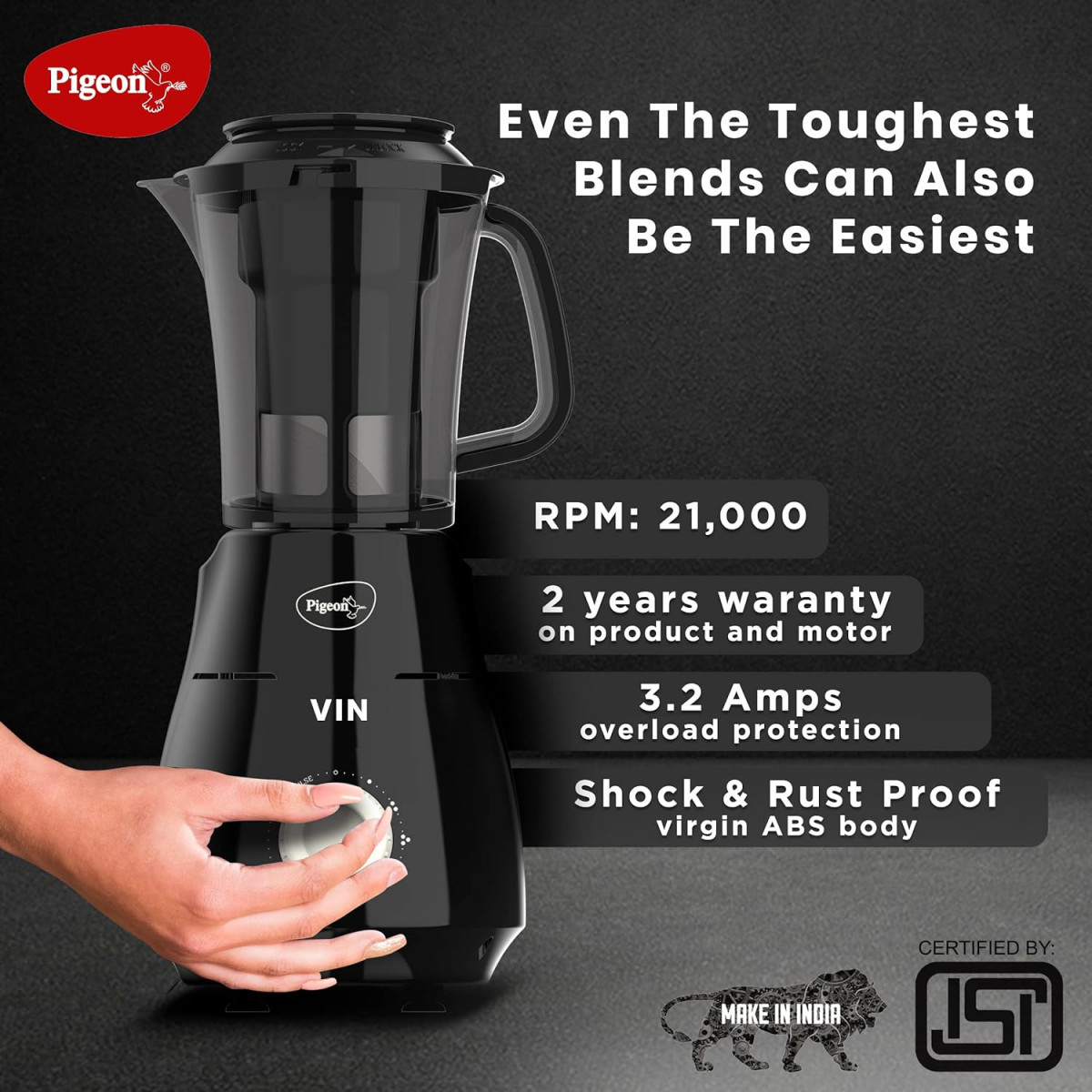 Pigeon by Stovekraft VIN Mixer Grinder Machine for Kitchen  750 Watts  4 MultiPurpose Jars for Juicing  Chutney Making  Dry Grinding  Wet Grinding  Mincing  Blender  Mixer  2 Year Warranty
