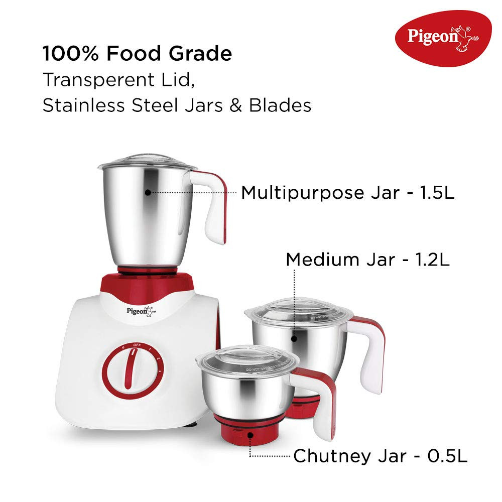 Pigeon Star 550 Watts Mixer Grinder with 3 Stainless Steel Jars for dry grinding wet grinding and making chutney