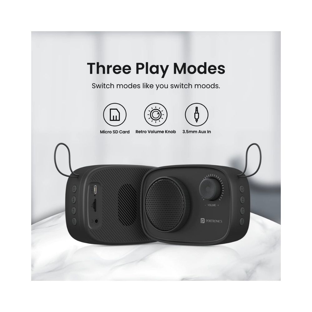 Portronics Pixel 2 Wireless Bluetooth Portable Speaker with Micro SD 35mm Aux 3W Output Retro Volume KnobBlack