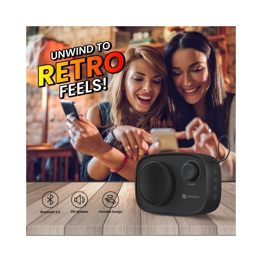 Portronics Pixel 2 Wireless Bluetooth Portable Speaker with Micro SD 35mm Aux 3W Output Retro Volume KnobBlack