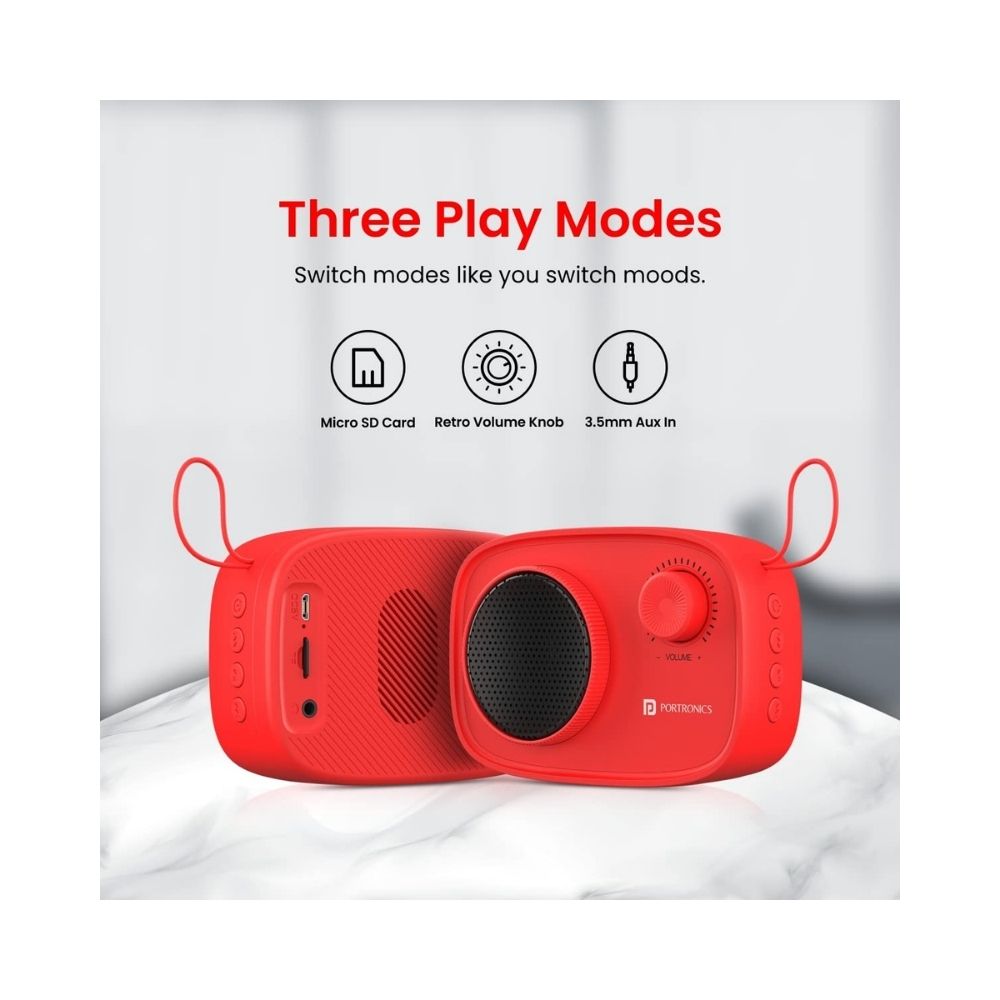 Portronics Pixel 2 Wireless Bluetooth Portable Speaker with Micro SD 35mm Aux 3W Output Retro Volume KnobRed