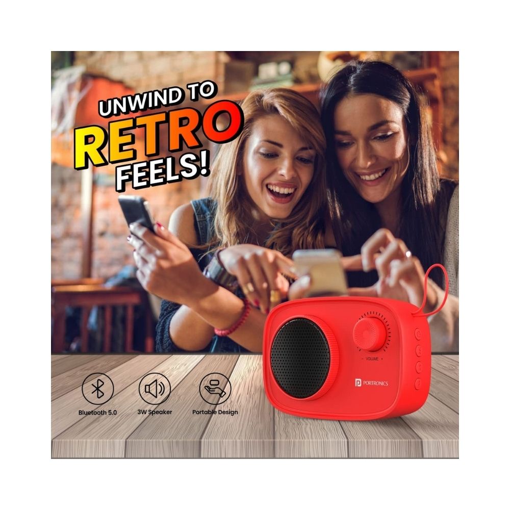 Portronics Pixel 2 Wireless Bluetooth Portable Speaker with Micro SD 35mm Aux 3W Output Retro Volume KnobRed