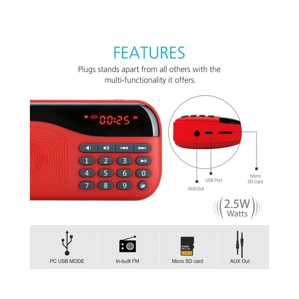 Portronics POR-143 Plugs Portable Speaker with FM & MicroSD card Support (Red)