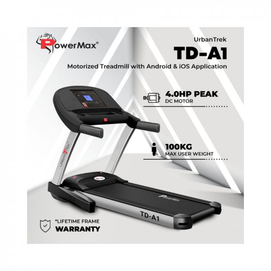 PowerMax Fitness Urban Trek TD-A1 4.0HP Peak Pre-Installed Motorized Treadmill with Android and iOS App, black