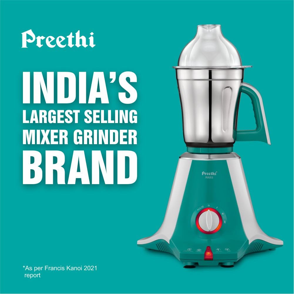 Preethi Aries MG 216 mixer grinder 750 watt Green 4 Jars Vega W5 motor with 5yr Warranty  Lifelong Free Service