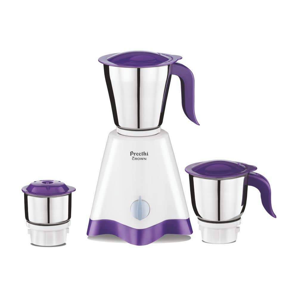 Preethi Crown MG-205 Mixer Grinder 500 watt WhitePurple 3 Jars with 5 yr Motor Warranty  Lifelong Free Service Stainless Steel