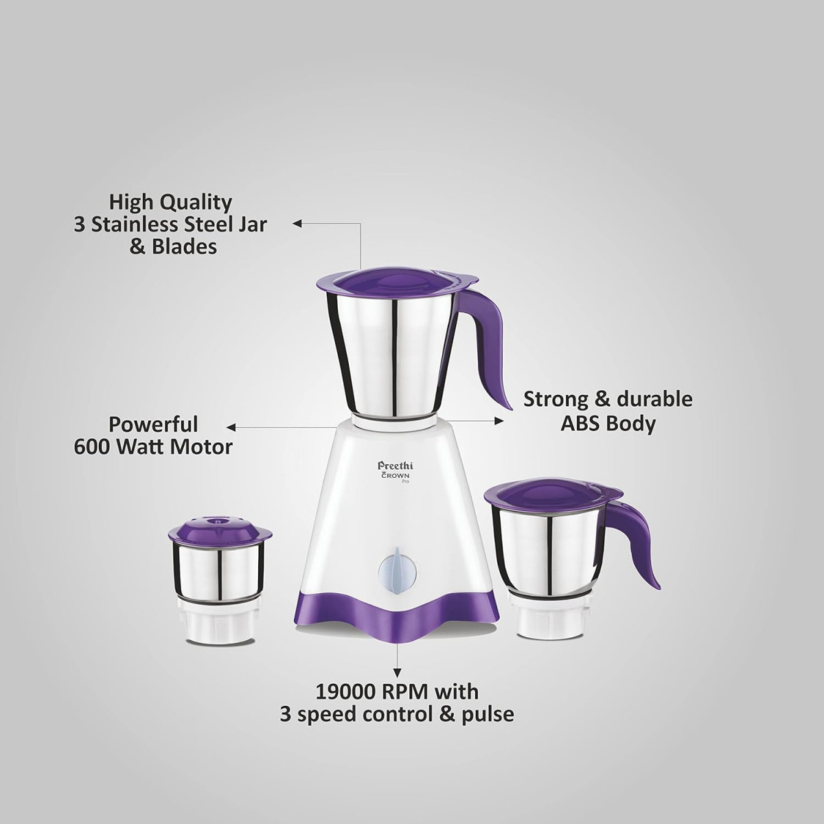 Preethi Crown Pro MG-254 Mixer grinder 600 watt WhitePurple 3 Jars with 5yr Motor Warranty  Lifelong Free Service