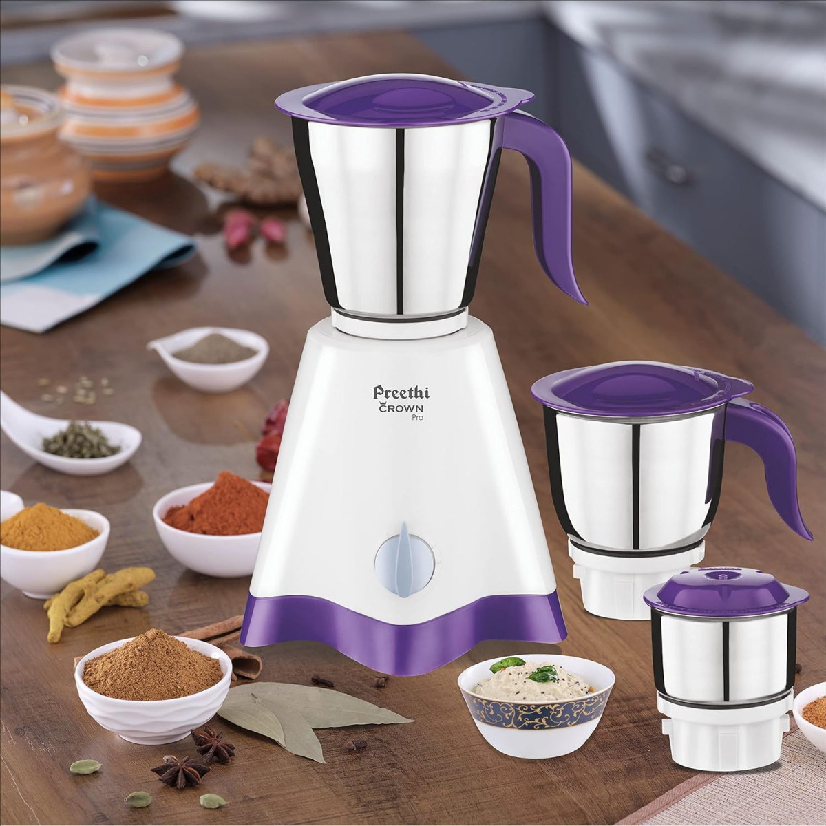 Preethi Crown Pro MG-254 Mixer grinder 600 watt WhitePurple 3 Jars with 5yr Motor Warranty  Lifelong Free Service