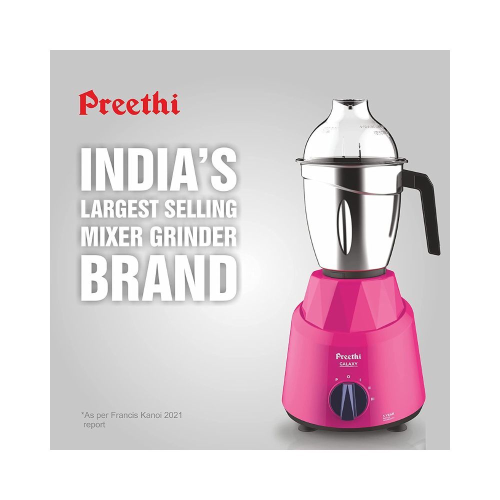Preethi Galaxy MG225 Mixer Grinder, 750 watt, Pink, 3 Jars