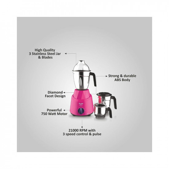 Preethi Galaxy MG225 Mixer Grinder 750 watt Pink 3 Jars Vega W5 Motor with 5yr Warranty  Lifelong Free Service