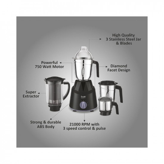 Preethi Galaxy Plus MG-250 Mixer grinder 750 watt PinkBlack 4 Jars - Super Extractor juicer Jar