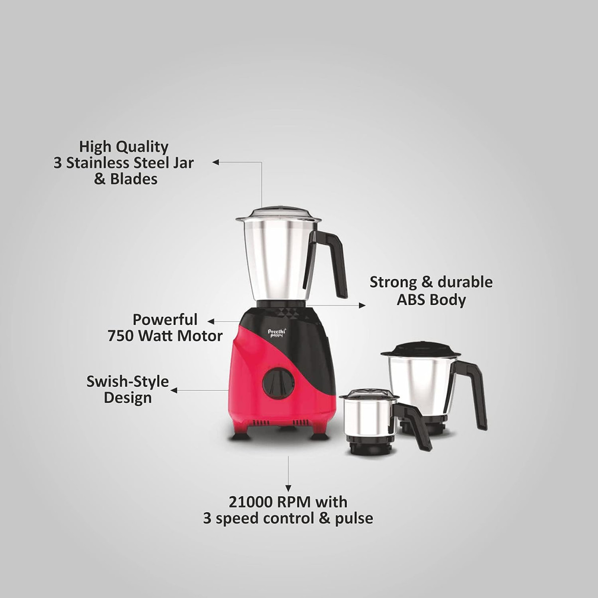 Preethi Peppy MG-245 mixer grinder 750 watt Black  Red 3 jars Vega W5 Motor with 5yr Warranty  Lifelong Free Service