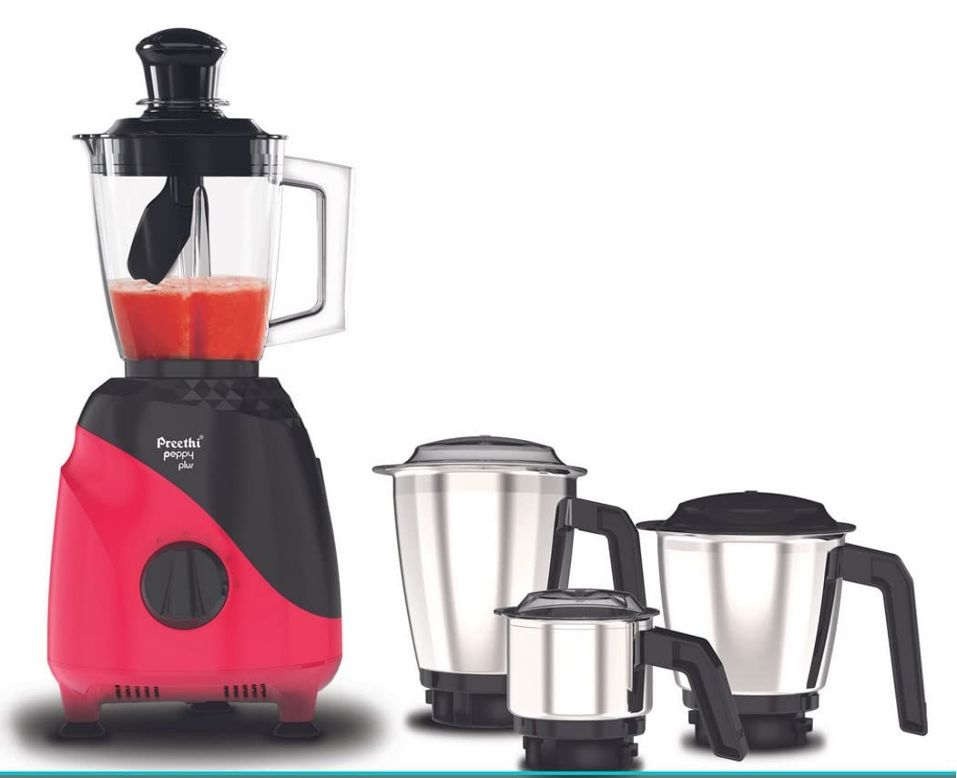 Preethi Peppy Plus MG-246 Mixer Grinder 750 watt Red-Black 4 Jars - Super Food Jar with Texture Builder  3D Airflow Technology Vega W5 Motor with 5yr Warranty  Lifelong Free Service Standard