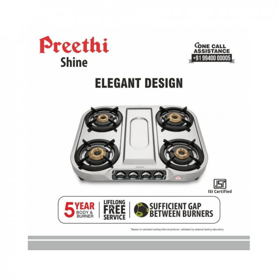 Preethi Shine stainless steel 4 Burner Gas Stove Manual Ignition