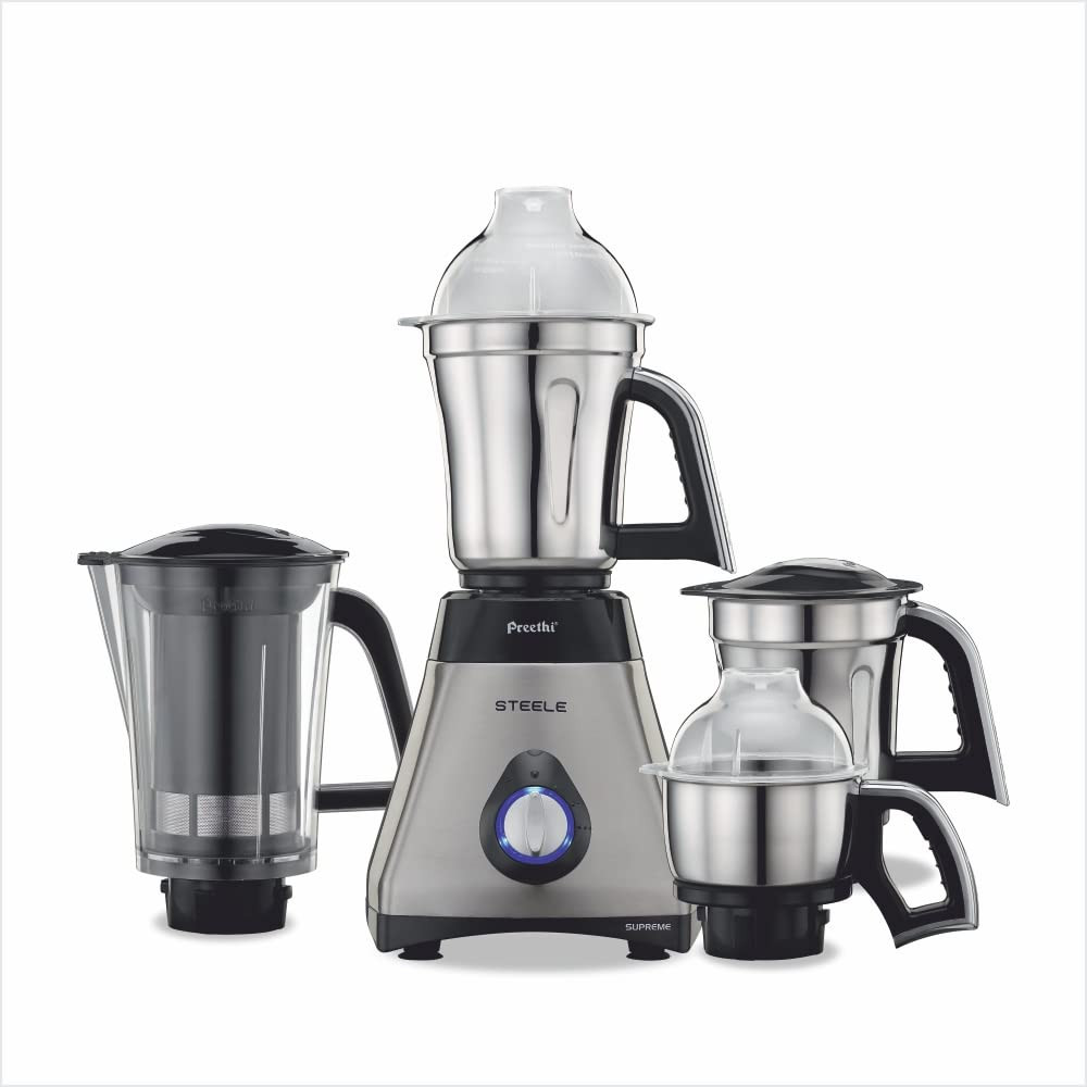Preethi Steel Supreme MG-208 mixer grinder 750 watt Silver Black 4 jars - Super Extractor juicer Jar Vega W5 motor with 5yr Warranty  Lifelong Free Service