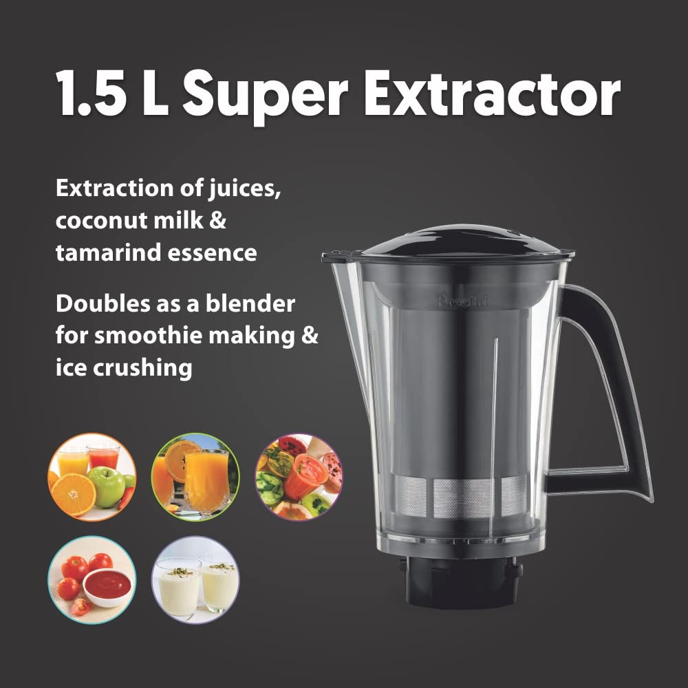 Preethi Steel Supreme MG-208 mixer grinder 750 watt Silver Black 4 jars - Super Extractor juicer Jar Vega W5 motor with 5yr Warranty  Lifelong Free Service