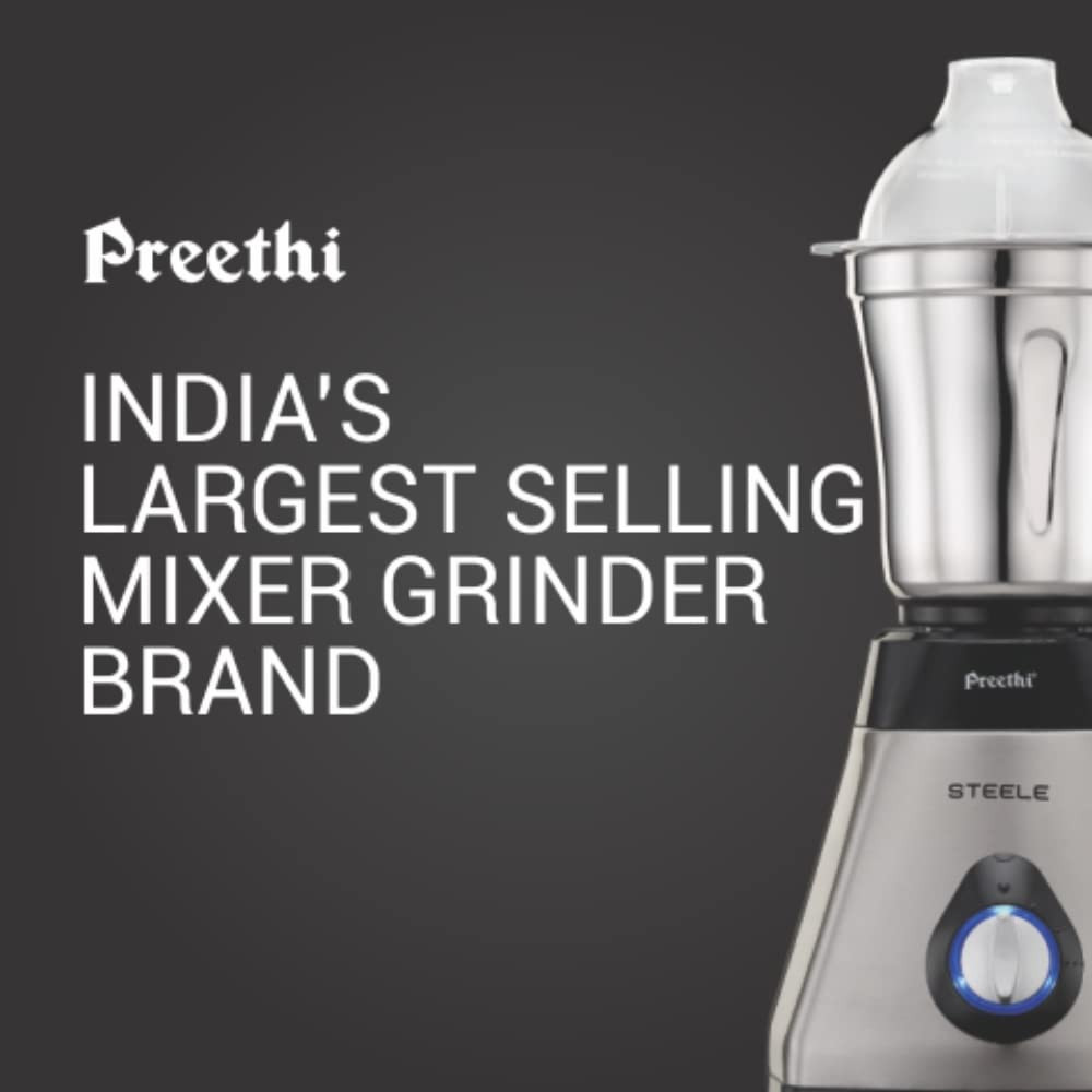Preethi Steel Supreme MG-208 mixer grinder 750 watt Silver Black 4 jars - Super Extractor juicer Jar Vega W5 motor with 5yr Warranty  Lifelong Free Service