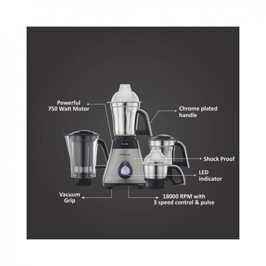 Preethi Steel Supreme MG-208 mixer grinder 750 watt Silver Black