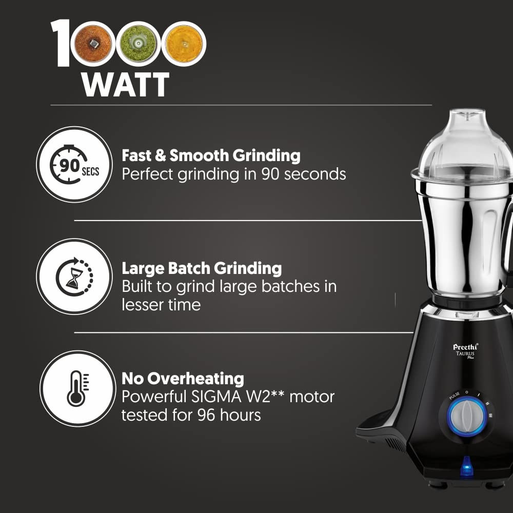 Preethi Taurus Plus MG-257 Mixer Grinder 1000 Watt BlueBlack 4 Jars - Super Extractor Juicer Jar 2 Yr Product Guarantee  Lifelong Free ServiceMetal