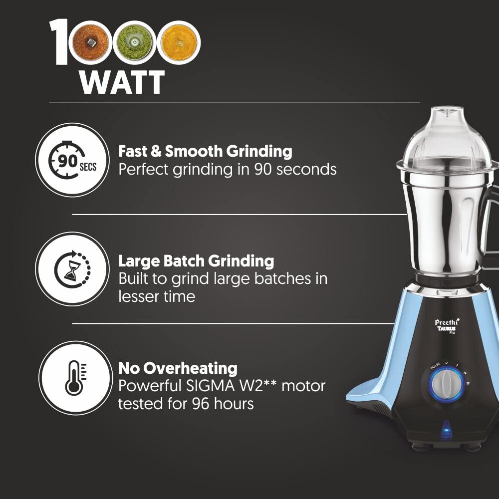 Preethi Taurus Pro MG-259 mixer grinder 1000 watt Blue-Black 3 jars 2yr Guarantee  Lifelong Free Service