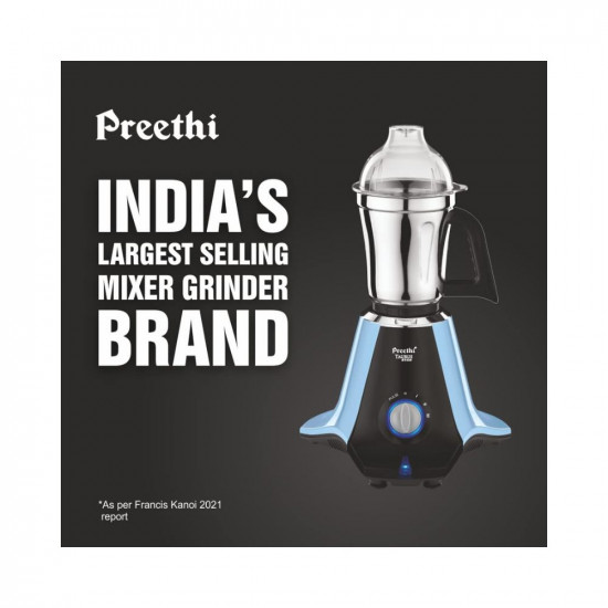 Preethi Taurus Star MG-260 Mixer Grinder, 1000 Watt, Blue/Black, 4 Jars - Super Extractor Juicer Jar, 2 Yr Product Guarantee & Lifelong Free Service (Plastic)