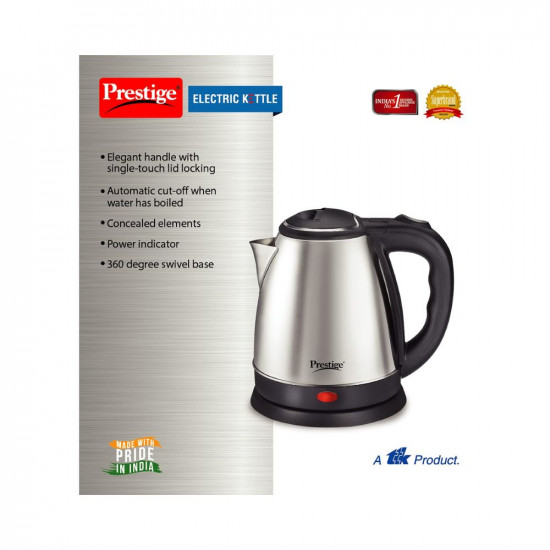 Prestige 15 Litres Electric Kettle PKOSS 151500W  Silver - Black Automatic Cut-off  Stainless Steel  Rotatable Base  Power Indicator  Single-Touch Lid Locking