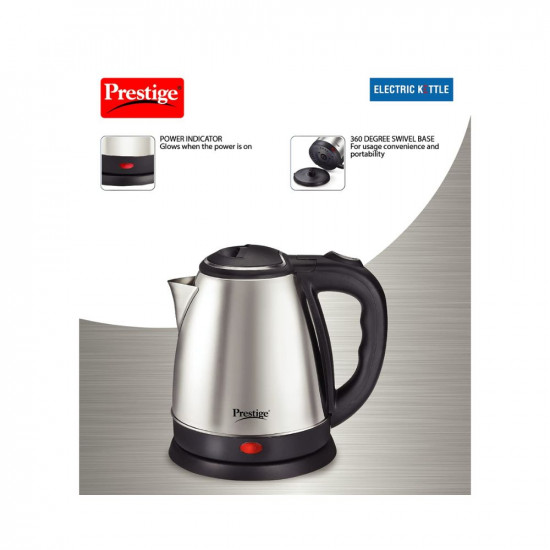 Prestige 15 Litres Electric Kettle PKOSS 151500W  Silver - Black Automatic Cut-off  Stainless Steel  Rotatable Base  Power Indicator  Single-Touch Lid Locking