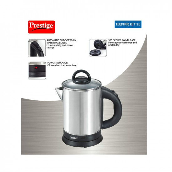 Prestige 17 Litres Electric KettlePKGSS 171500W Silver and Black  17 Litres  Stainless Steel Automatic Cut-off  Wide Mouth  Power Indicator  Single-Touch Lid Locking