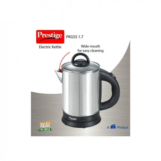 Prestige 1.7 Litres Electric Kettle(PKGSS 1.7)|1500W |Silver and Black | 1.7 Litres | Stainless Steel| Automatic Cut-off | Wide Mouth | Power Indicator | Single-Touch Lid Locking