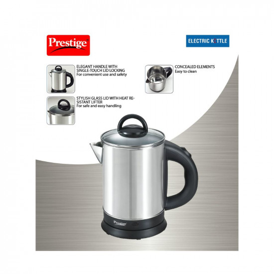 Prestige 1.7 Litres Electric Kettle(PKGSS 1.7)|1500W |Silver and Black | 1.7 Litres | Stainless Steel| Automatic Cut-off | Wide Mouth | Power Indicator | Single-Touch Lid Locking
