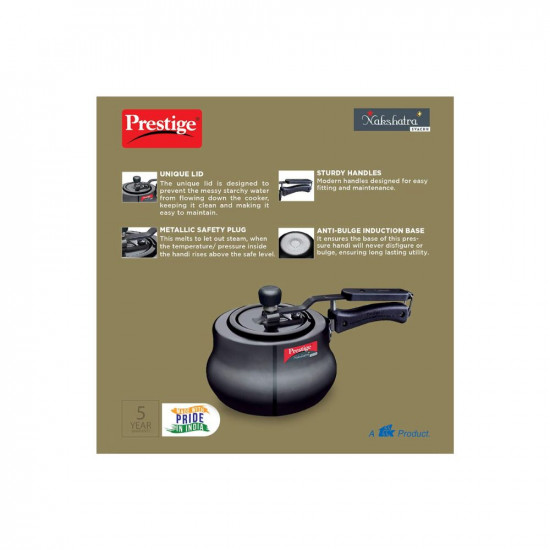 Prestige 3 Litres Nakshatra Plus Svachh Induction Base Inner Lid Hard Anodized Pressure Cooker  Black  Deep lid Spillage Control  Handi  Anti-Bulge Base  Sturdy Handle