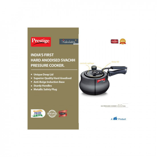Prestige 3 Litres Nakshatra Plus Svachh Induction Base Inner Lid Hard Anodized Pressure Cooker  Black  Deep lid Spillage Control  Handi  Anti-Bulge Base  Sturdy Handle