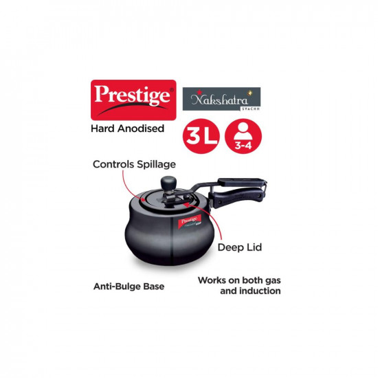 Prestige 3 Litres Nakshatra Plus Svachh Induction Base Inner Lid Hard Anodized Pressure Cooker  Black  Deep lid Spillage Control  Handi  Anti-Bulge Base  Sturdy Handle