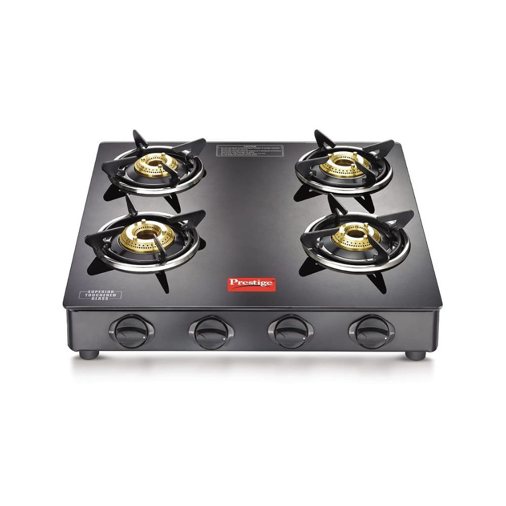 Prestige 4 Brass Burners IRIS L.P Glass Top Gas Stove, with Powder Coated Body, Black, Manual Ignition
