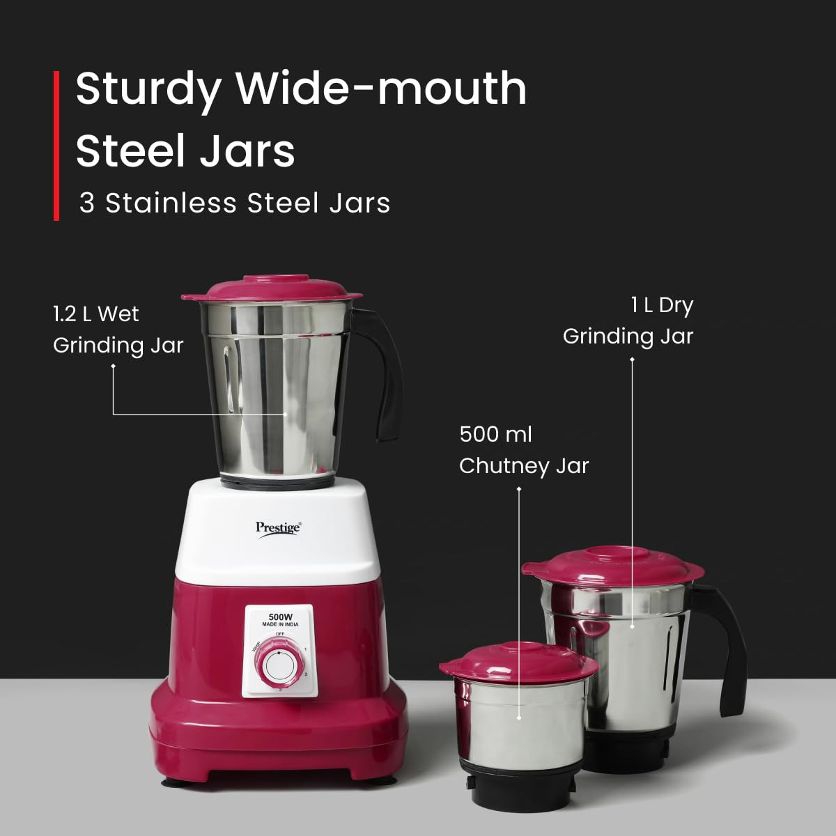 Prestige 500 Watts Orion Mixer Grinder with 3 Stainless Steel Jars 2 years warranty Red  White