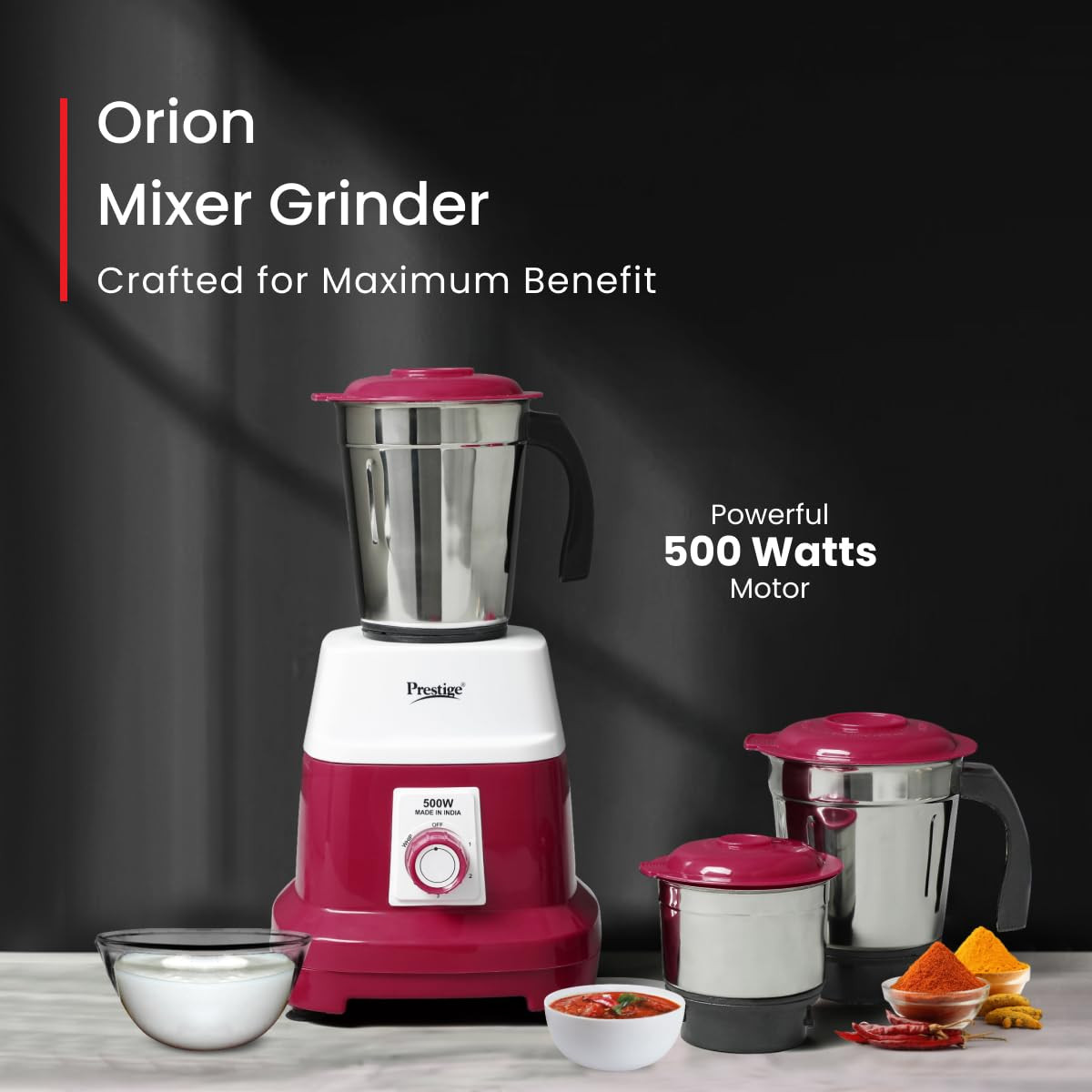 Prestige 500 Watts Orion Mixer Grinder with 3 Stainless Steel Jars 2 years warranty Red  White