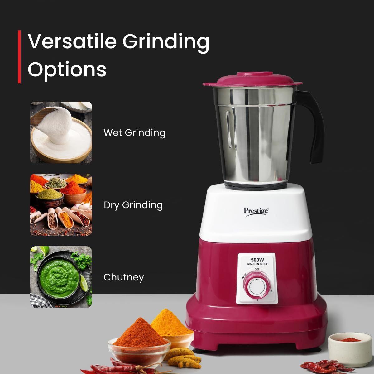Prestige 500 Watts Orion Mixer Grinder with 3 Stainless Steel Jars 2 years warranty Red  White
