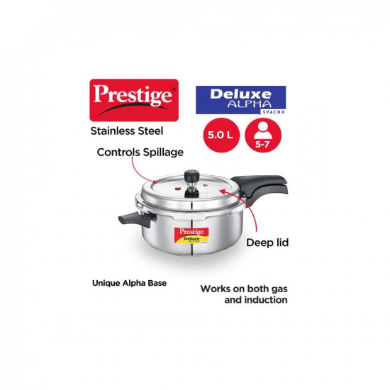 Prestige 5L Deluxe Alpha Svachh stainless steel Pressure CookerOuter lidIdeal for 5-7 personsDeep lid for spillage controlGas  induction compatibleSilver