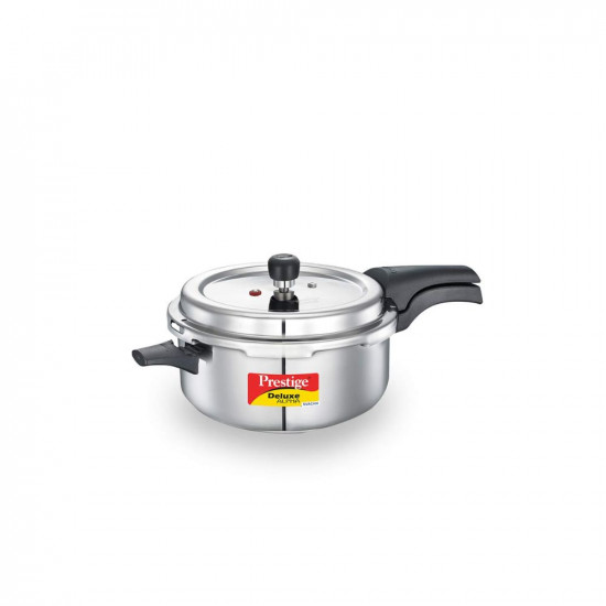 Prestige 5L Deluxe Alpha Svachh stainless steel Pressure Cooker|Outer lid|Ideal for 5-7 persons|Deep lid for spillage control|Gas & induction compatible|Silver