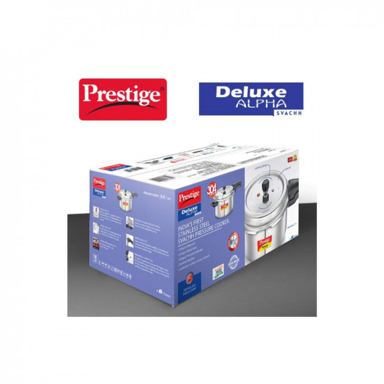 Prestige 5L Deluxe Alpha Svachh stainless steel Pressure CookerOuter lidIdeal for 5-7 personsDeep lid for spillage controlGas  induction compatibleSilver