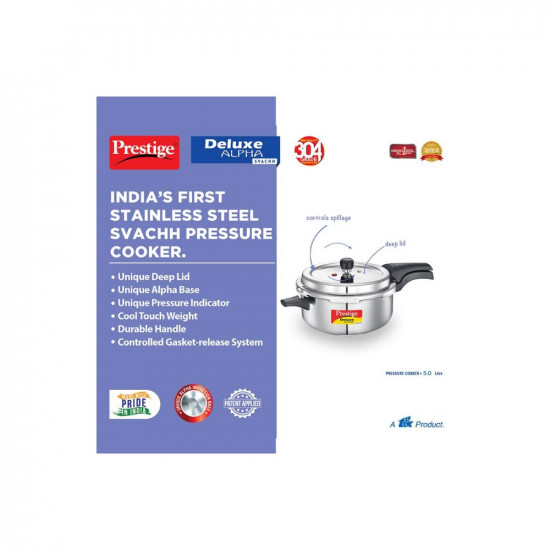 Prestige 5L Deluxe Alpha Svachh stainless steel Pressure CookerOuter lidIdeal for 5-7 personsDeep lid for spillage controlGas  induction compatibleSilver
