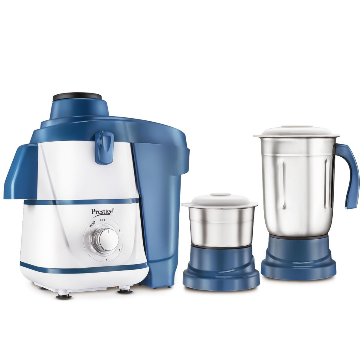 Prestige Breeze 500W Juicer Mixer Grinder With 2 Stainless Steel JarsDetachable Pulp CollectorDouble Lock SystemEfficient Stainless Steel SieveJuice OutletBlue  White