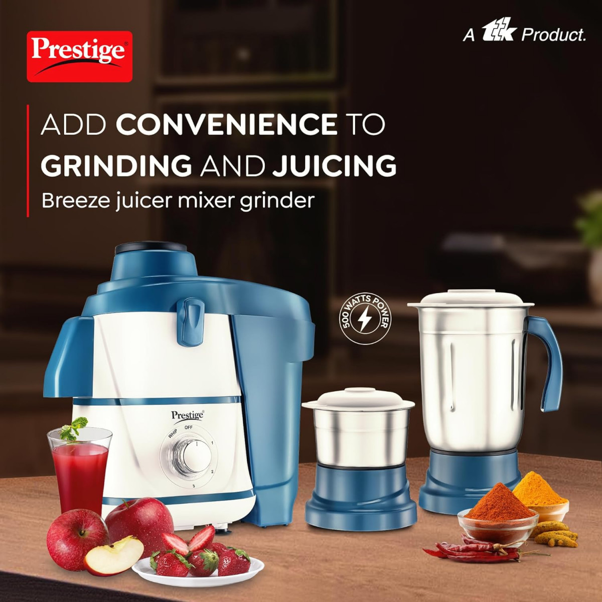 Prestige Breeze 500W Juicer Mixer Grinder With 2 Stainless Steel JarsDetachable Pulp CollectorDouble Lock SystemEfficient Stainless Steel SieveJuice OutletBlue  White