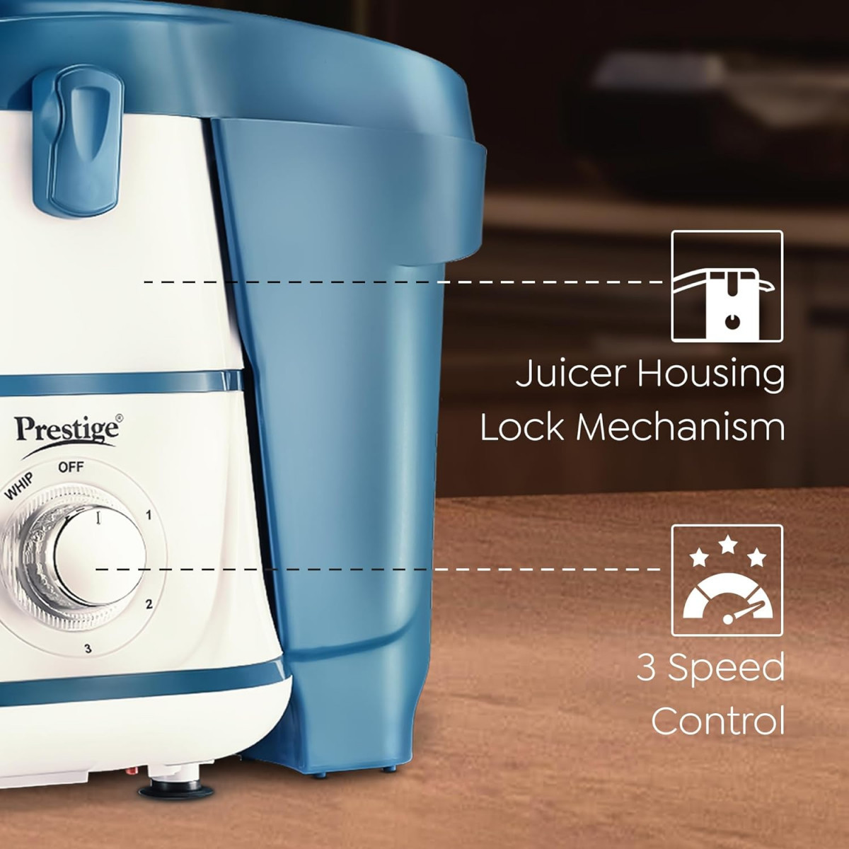 Prestige Breeze 500W Juicer Mixer Grinder With 2 Stainless Steel JarsDetachable Pulp CollectorDouble Lock SystemEfficient Stainless Steel SieveJuice OutletBlue  White