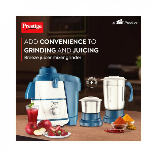 Prestige Breeze 500W Juicer Mixer Grinder With 2 Stainless Steel JarsDetachable Pulp CollectorDouble Lock SystemEfficient Stainless Steel SieveJuice OutletBlue  White