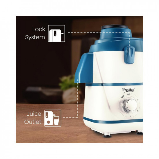 Prestige Breeze 500W Juicer Mixer Grinder With 2 Stainless Steel JarsDetachable Pulp CollectorDouble Lock SystemEfficient Stainless Steel SieveJuice OutletBlue  White
